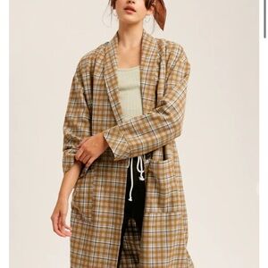 Plaid Tan and White Kimono Cardigan